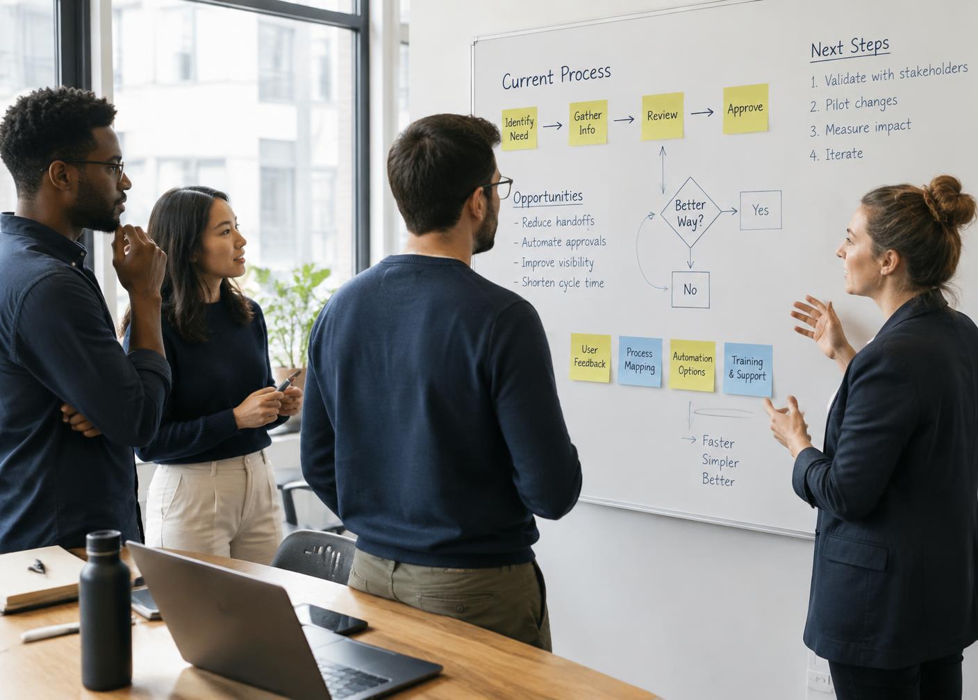 Une équipe analyse un processus de travail au tableau